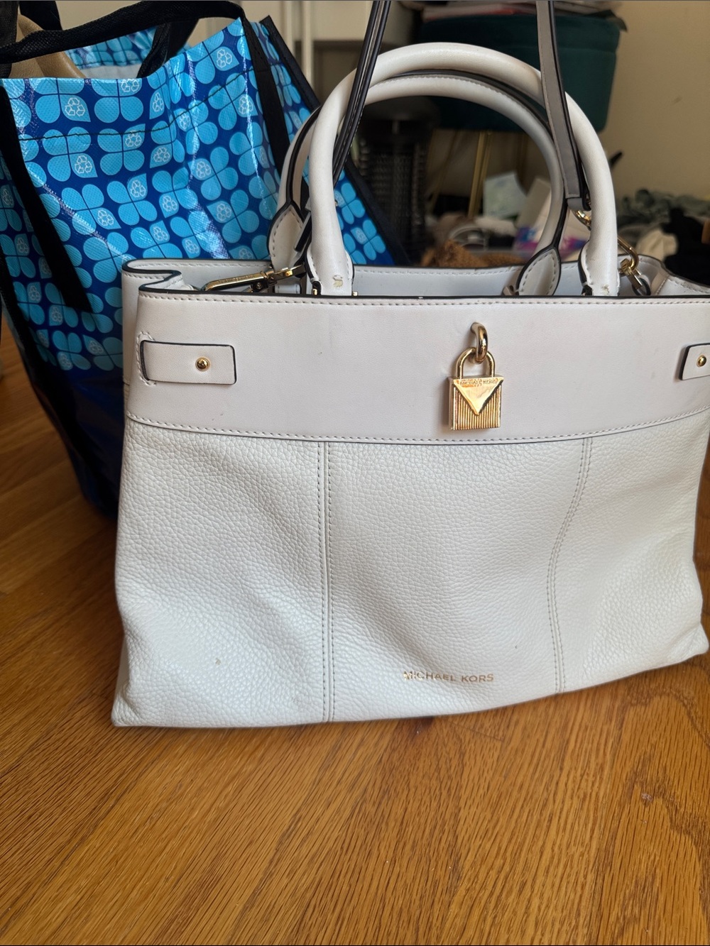 Michael Kors White Leather Tote with Gold Lock Accent